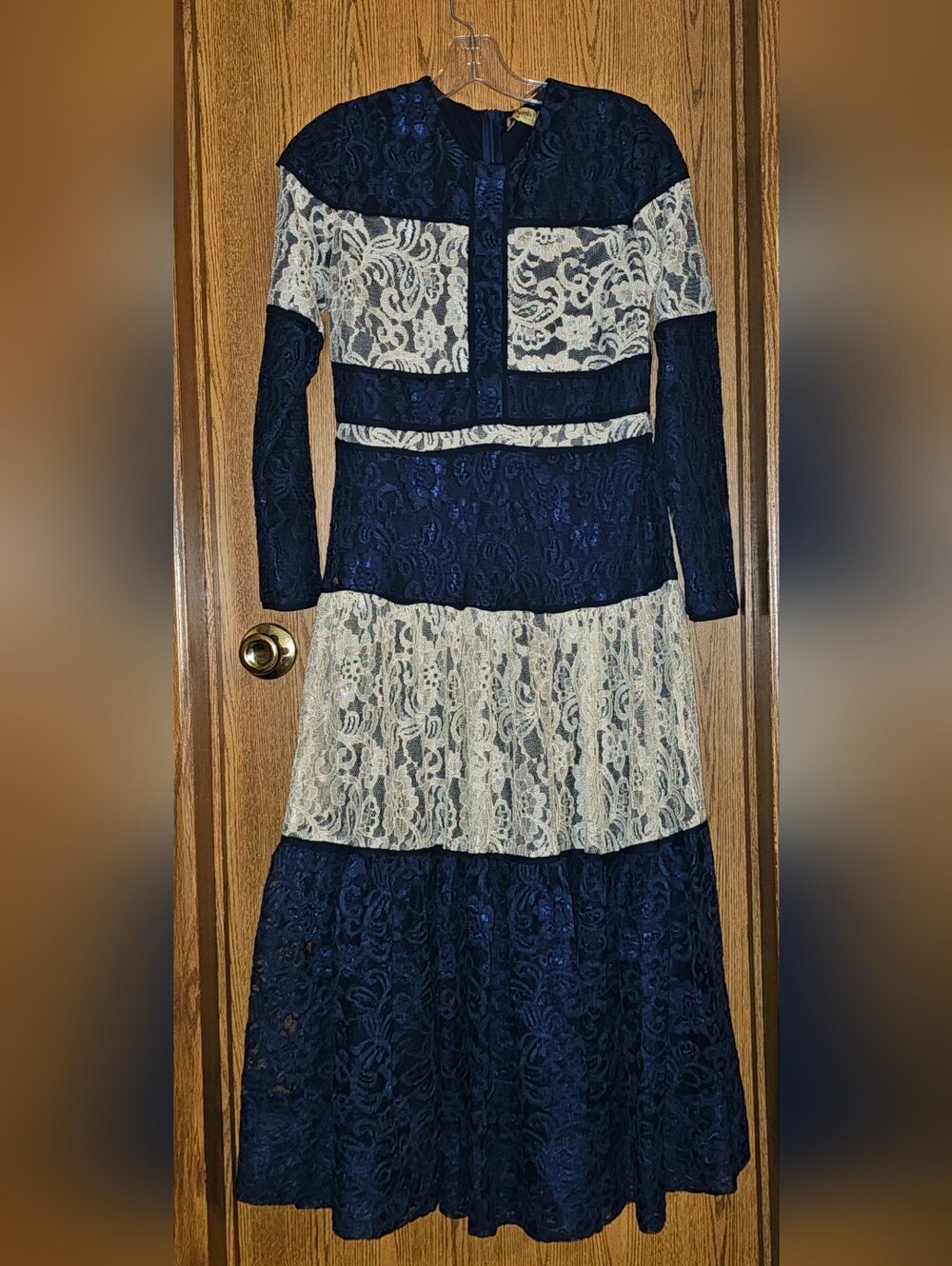 Navy and Ivory Lace Long-Sleeve Tiered Midi Dress